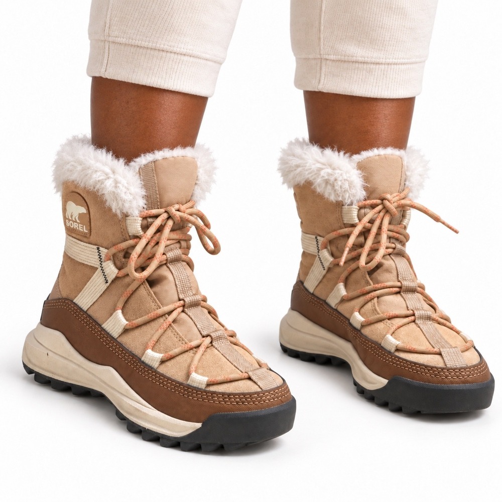 Sorel ONA RMX Glacy Waterproof Suede Canvas Tan Faux Fur Gorpcore Ski Womens 8